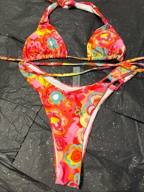 LIKE NEW  Pink Orange Yellow Floral String Bikini SIZE SMALL